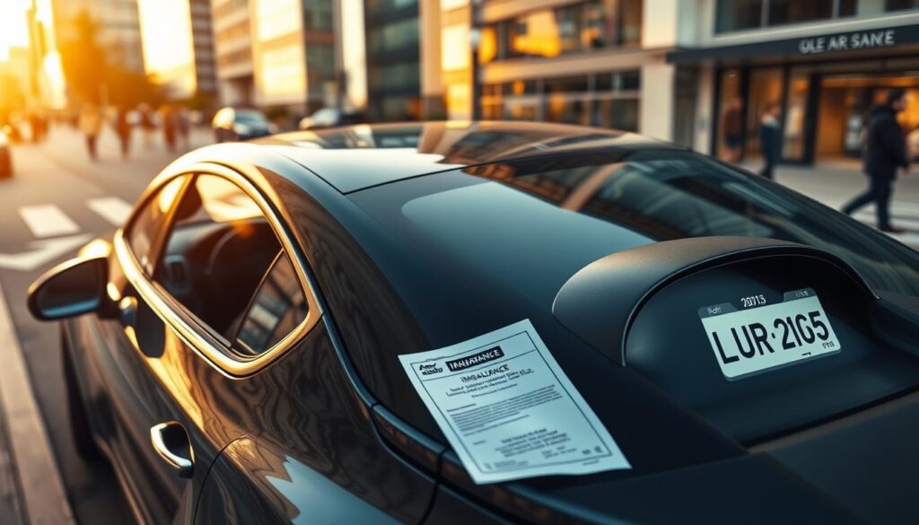 A high-angle photograph of a meticulously detailed car, its sleek body gleaming under warm, diffused lighting. The car is parked on a city street, surrounded by a blurred urban backdrop of modern buildings and pedestrians. The car's dashboard is prominently displayed, showcasing the mandatory car insurance documents and a UK registration plate. The image conveys a sense of legal necessity and the importance of comprehensive auto coverage in the United Kingdom. A high-angle photograph of a meticulously detailed car, its sleek body gleaming under warm, diffused lighting. The car is parked on a city street, surrounded by a blurred urban backdrop of modern buildings and pedestrians. The car's dashboard is prominently displayed, showcasing the mandatory car insurance documents and a UK registration plate. The image conveys a sense of legal necessity and the importance of comprehensive auto coverage in the United Kingdom.