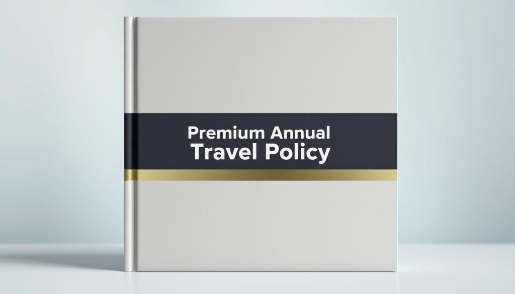 A high-quality, detailed image of a premium annual travel policy cover featuring a crisp, clean design. The cover has a sleek, sophisticated appearance with a mix of smooth, matte textures and subtle metallic accents. The composition places the policy name and key coverage details in the center, surrounded by a minimalist border. The background has a soft, blurred gradient in muted, calming colors like blues and grays, suggesting a sense of tranquility and security. The lighting is natural and evenly distributed, creating a well-balanced, professional look. The overall aesthetic conveys the reliable, hassle-free protection of a comprehensive travel insurance policy. A high-quality, detailed image of a premium annual travel policy cover featuring a crisp, clean design. The cover has a sleek, sophisticated appearance with a mix of smooth, matte textures and subtle metallic accents. The composition places the policy name and key coverage details in the center, surrounded by a minimalist border. The background has a soft, blurred gradient in muted, calming colors like blues and grays, suggesting a sense of tranquility and security. The lighting is natural and evenly distributed, creating a well-balanced, professional look. The overall aesthetic conveys the reliable, hassle-free protection of a comprehensive travel insurance policy.