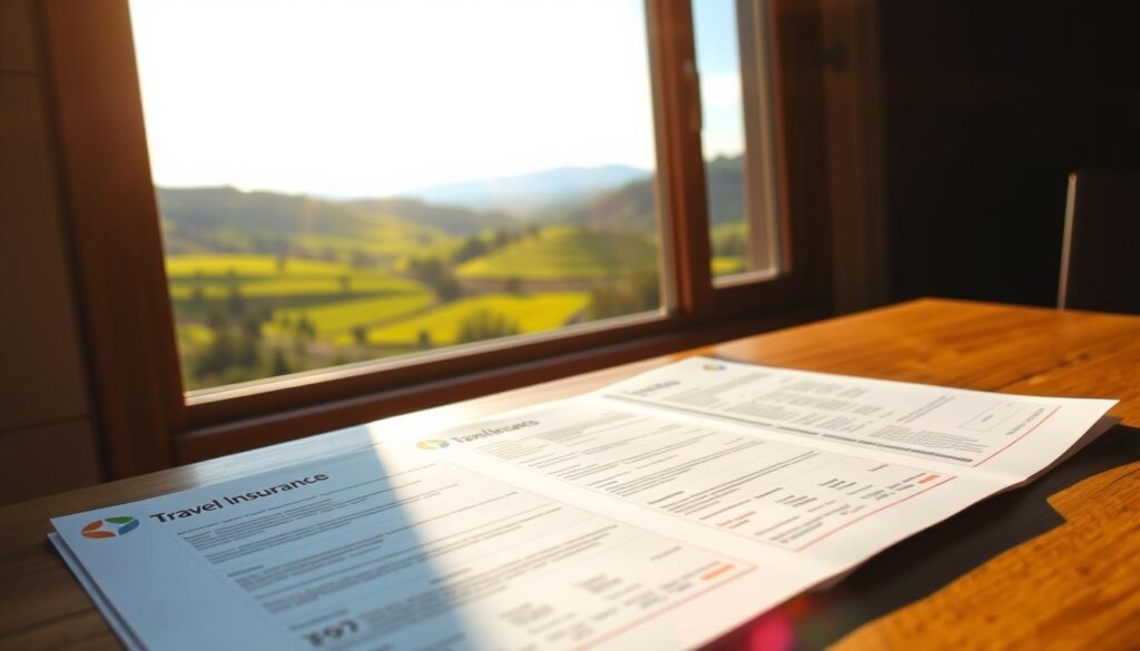 A high-quality, detailed travel insurance policy document lying on a wooden table, illuminated by warm, natural sunlight streaming through a window. The policy pages are crisp and clean, with clear, legible text and logos. In the background, a lush, green landscape with rolling hills and a clear, blue sky can be seen through the window, creating a sense of tranquility and adventure. The overall mood is one of trust, reliability, and the reassurance of being protected during a vacation. A high-quality, detailed travel insurance policy document lying on a wooden table, illuminated by warm, natural sunlight streaming through a window. The policy pages are crisp and clean, with clear, legible text and logos. In the background, a lush, green landscape with rolling hills and a clear, blue sky can be seen through the window, creating a sense of tranquility and adventure. The overall mood is one of trust, reliability, and the reassurance of being protected during a vacation.