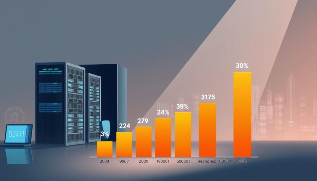 A high-quality illustration depicting the cost of cyber coverage insurance for businesses in the United States. The foreground showcases a bar chart or graph displaying the varying premium rates for different levels of ransomware protection, with clear data visualization. The middle ground features office buildings, servers, and digital devices, symbolizing the corporate landscape. The background incorporates a subtle cityscape, suggesting the wider economic context. The lighting is soft and professional, with a muted color palette conveying a sense of seriousness and reliability. The overall composition should be visually striking, drawing the viewer's attention to the key data points while maintaining a cohesive and balanced design. A high-quality illustration depicting the cost of cyber coverage insurance for businesses in the United States. The foreground showcases a bar chart or graph displaying the varying premium rates for different levels of ransomware protection, with clear data visualization. The middle ground features office buildings, servers, and digital devices, symbolizing the corporate landscape. The background incorporates a subtle cityscape, suggesting the wider economic context. The lighting is soft and professional, with a muted color palette conveying a sense of seriousness and reliability. The overall composition should be visually striking, drawing the viewer's attention to the key data points while maintaining a cohesive and balanced design.