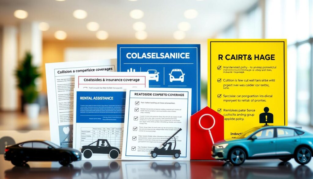 A high-quality image of a variety of specialized car insurance coverage options, including collision, comprehensive, roadside assistance, and rental car reimbursement. The image should have a clean, professional look with a harmonious color palette and sharp focus. The foreground should feature a selection of insurance policy documents, icons, and other visual elements arranged in an aesthetically pleasing layout. The middle ground could include silhouettes of cars or a simple background, while the background could depict a modern, minimalist office or business setting to convey a sense of authority and expertise. The lighting should be soft and even, creating a sense of depth and dimensionality. The overall mood should be informative, reliable, and visually appealing to complement the article's subject matter. A high-quality image of a variety of specialized car insurance coverage options, including collision, comprehensive, roadside assistance, and rental car reimbursement. The image should have a clean, professional look with a harmonious color palette and sharp focus. The foreground should feature a selection of insurance policy documents, icons, and other visual elements arranged in an aesthetically pleasing layout. The middle ground could include silhouettes of cars or a simple background, while the background could depict a modern, minimalist office or business setting to convey a sense of authority and expertise. The lighting should be soft and even, creating a sense of depth and dimensionality. The overall mood should be informative, reliable, and visually appealing to complement the article's subject matter.
