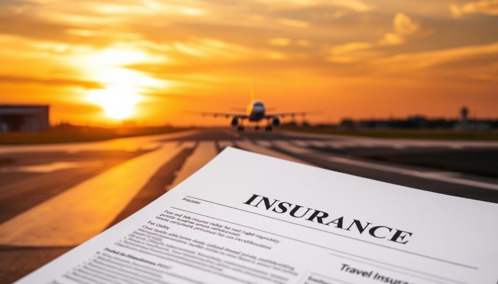 A high-quality travel insurance document against a backdrop of a vibrant sunset over an airport runway. The foreground features the insurance policy, its pages crisp and well-organized, conveying a sense of security and protection. The middle ground showcases a commercial airliner taking off, symbolizing the covered journey. The background is a warm, golden-hued sky with wispy clouds, evoking a feeling of tranquility and confidence in the travel experience. The scene is captured with a shallow depth of field, creating a professional, editorial-style photograph. A high-quality travel insurance document against a backdrop of a vibrant sunset over an airport runway. The foreground features the insurance policy, its pages crisp and well-organized, conveying a sense of security and protection. The middle ground showcases a commercial airliner taking off, symbolizing the covered journey. The background is a warm, golden-hued sky with wispy clouds, evoking a feeling of tranquility and confidence in the travel experience. The scene is captured with a shallow depth of field, creating a professional, editorial-style photograph.