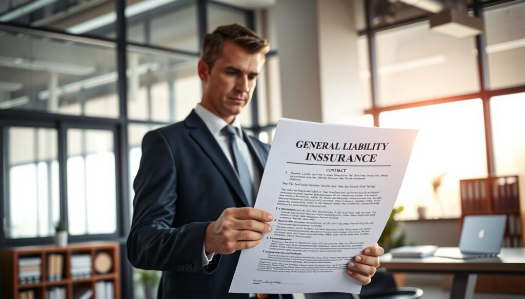 A high-resolution, photorealistic image of a businessman standing in a modern office, contemplating a contract for general liability insurance. The office is filled with natural light streaming through large windows, creating a warm and professional atmosphere. The businessman is wearing a crisp suit, his expression serious as he reviews the insurance documents. In the foreground, the insurance contract is prominently displayed, its terms and conditions clearly visible. In the background, a bookshelf filled with financial documents and a laptop on a sleek desk suggest the importance of this decision for the business. The composition emphasizes the gravity of securing proper liability coverage for a high-risk enterprise. A high-resolution, photorealistic image of a businessman standing in a modern office, contemplating a contract for general liability insurance. The office is filled with natural light streaming through large windows, creating a warm and professional atmosphere. The businessman is wearing a crisp suit, his expression serious as he reviews the insurance documents. In the foreground, the insurance contract is prominently displayed, its terms and conditions clearly visible. In the background, a bookshelf filled with financial documents and a laptop on a sleek desk suggest the importance of this decision for the business. The composition emphasizes the gravity of securing proper liability coverage for a high-risk enterprise.