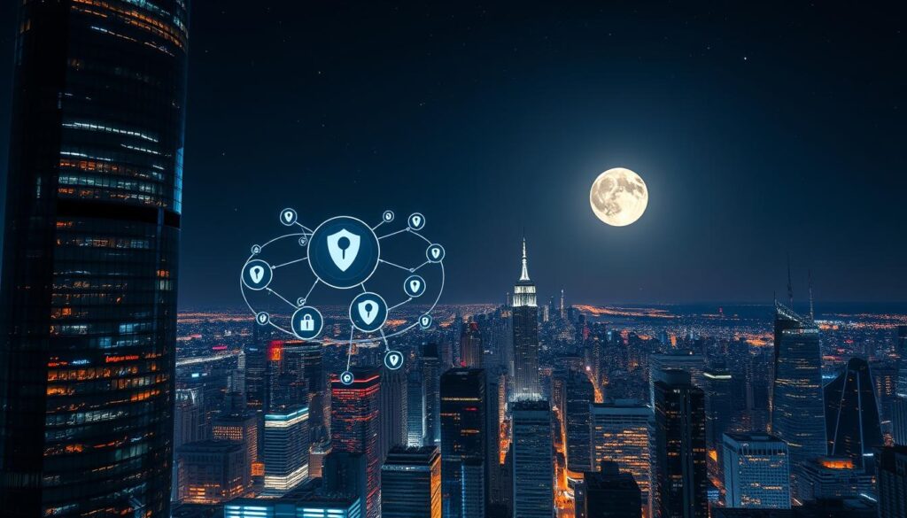 A high-tech cityscape at night, with a towering skyscraper in the foreground, its glass facade reflecting the neon lights of the urban landscape. In the middle ground, a network of data streams and digital security icons swirl, symbolizing the cybersecurity infrastructure protecting the city. In the background, a starry sky with a full moon casts a soft, ethereal glow over the scene, conveying a sense of security and tranquility. Cinematic lighting and a wide-angle lens create a sense of grandeur and scope, emphasizing the importance of cyber insurance in safeguarding small businesses in this digital age. A high-tech cityscape at night, with a towering skyscraper in the foreground, its glass facade reflecting the neon lights of the urban landscape. In the middle ground, a network of data streams and digital security icons swirl, symbolizing the cybersecurity infrastructure protecting the city. In the background, a starry sky with a full moon casts a soft, ethereal glow over the scene, conveying a sense of security and tranquility. Cinematic lighting and a wide-angle lens create a sense of grandeur and scope, emphasizing the importance of cyber insurance in safeguarding small businesses in this digital age.