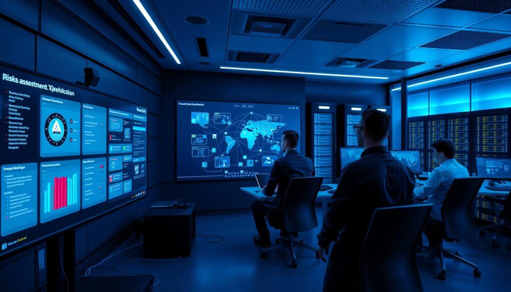 A high-tech control room with sleek monitors, data visualizations, and a team of cybersecurity experts intently focused on threat detection and mitigation. The room is bathed in a cool, blue-tinted lighting, creating an atmosphere of vigilance and proactivity. In the foreground, a large touchscreen display shows a comprehensive risk assessment dashboard, highlighting potential vulnerabilities and actionable recommendations. The middle ground features a network topology diagram, visually mapping the interconnected systems and potential attack vectors. In the background, a bank of servers hum with activity, underscoring the critical infrastructure that requires constant monitoring and protection. The overall scene conveys a sense of control, preparedness, and a commitment to proactive risk management that safeguards the organization. A high-tech control room with sleek monitors, data visualizations, and a team of cybersecurity experts intently focused on threat detection and mitigation. The room is bathed in a cool, blue-tinted lighting, creating an atmosphere of vigilance and proactivity. In the foreground, a large touchscreen display shows a comprehensive risk assessment dashboard, highlighting potential vulnerabilities and actionable recommendations. The middle ground features a network topology diagram, visually mapping the interconnected systems and potential attack vectors. In the background, a bank of servers hum with activity, underscoring the critical infrastructure that requires constant monitoring and protection. The overall scene conveys a sense of control, preparedness, and a commitment to proactive risk management that safeguards the organization.