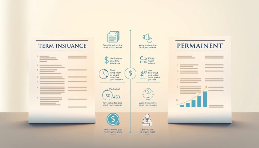 A highly detailed illustration depicting the key differences between term and permanent life insurance coverage, with a focus on their respective cash value impacts. Set in a clean, minimalist style with a warm, professional tone. In the foreground, two side-by-side life insurance policy documents showcase the contrasting features - term on the left, permanent on the right. The middle ground features stylized icons and infographics clearly visualizing the cost, time horizon, and cash value dynamics of each coverage type. The background is a softly blurred, neutral palette that allows the key information to take center stage. Balanced lighting from multiple angles creates depth and highlights the important distinctions. A highly detailed illustration depicting the key differences between term and permanent life insurance coverage, with a focus on their respective cash value impacts. Set in a clean, minimalist style with a warm, professional tone. In the foreground, two side-by-side life insurance policy documents showcase the contrasting features - term on the left, permanent on the right. The middle ground features stylized icons and infographics clearly visualizing the cost, time horizon, and cash value dynamics of each coverage type. The background is a softly blurred, neutral palette that allows the key information to take center stage. Balanced lighting from multiple angles creates depth and highlights the important distinctions.