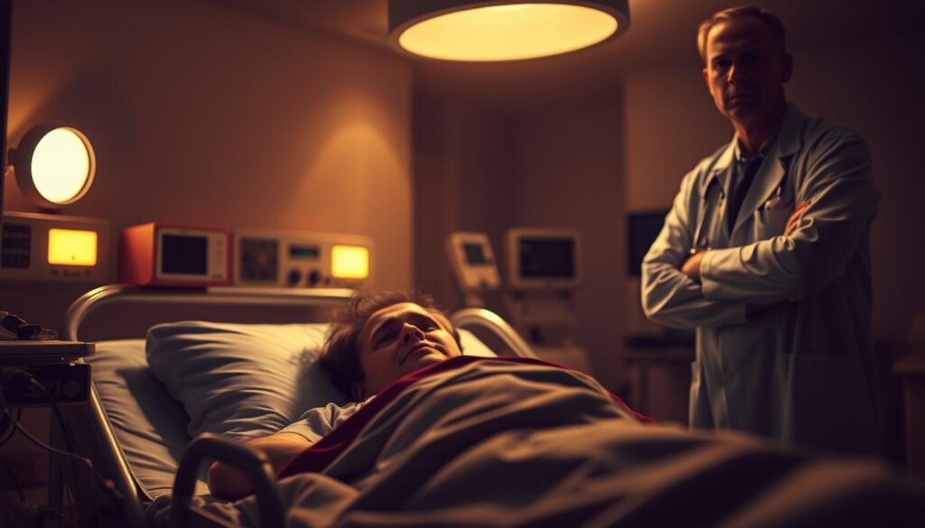 A hospital room with a patient lying on a bed, surrounded by medical equipment and a concerned-looking doctor. The room is dimly lit, with warm lighting casting shadows across the scene. The patient's expression conveys a sense of unease and discomfort, while the doctor's posture suggests a thoughtful, attentive demeanor. The background is blurred, focusing attention on the central figures. The overall atmosphere evokes a sense of urgency and the need for specialized, out-of-province medical care. A hospital room with a patient lying on a bed, surrounded by medical equipment and a concerned-looking doctor. The room is dimly lit, with warm lighting casting shadows across the scene. The patient's expression conveys a sense of unease and discomfort, while the doctor's posture suggests a thoughtful, attentive demeanor. The background is blurred, focusing attention on the central figures. The overall atmosphere evokes a sense of urgency and the need for specialized, out-of-province medical care.