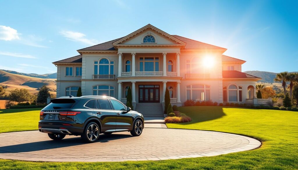 A luxurious, high-end residential property set against a backdrop of rolling hills and a clear blue sky. The home features a grand, Neo-Classical facade with intricate architectural details and a manicured, sprawling lawn. Sunlight filters through large, ornate windows, casting a warm glow over the property. In the foreground, a sleek, modern vehicle is parked in the circular driveway, hinting at the wealth and status of the homeowner. The overall scene conveys a sense of exclusivity, security, and the need for specialized, high-value home insurance to protect such a valuable asset. A luxurious, high-end residential property set against a backdrop of rolling hills and a clear blue sky. The home features a grand, Neo-Classical facade with intricate architectural details and a manicured, sprawling lawn. Sunlight filters through large, ornate windows, casting a warm glow over the property. In the foreground, a sleek, modern vehicle is parked in the circular driveway, hinting at the wealth and status of the homeowner. The overall scene conveys a sense of exclusivity, security, and the need for specialized, high-value home insurance to protect such a valuable asset.