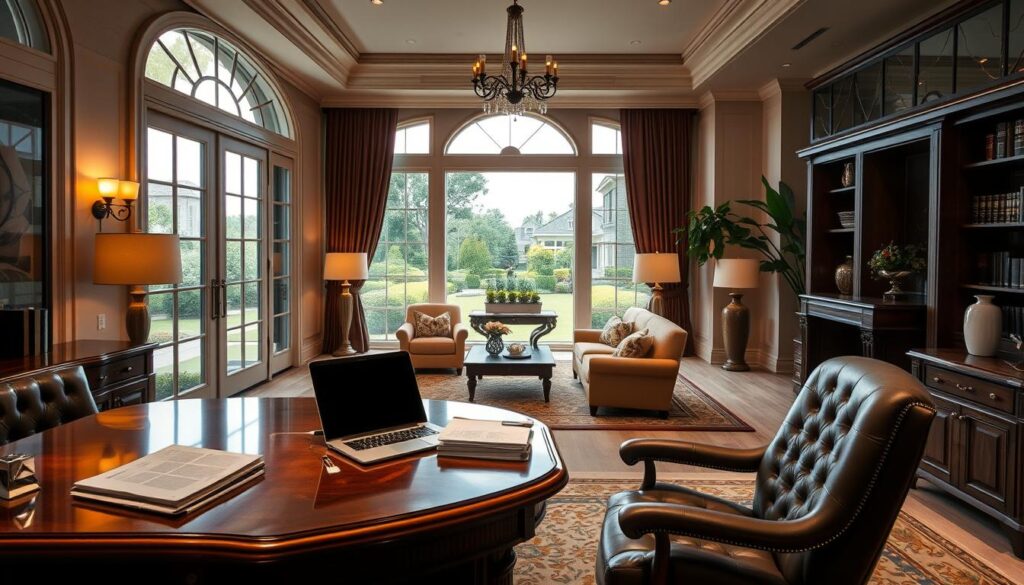 A luxurious home interior with a focus on the claims service experience. In the foreground, a well-appointed home office with a large wooden desk, plush leather chair, and a neatly organized workspace. On the desk, a laptop and a stack of documents, conveying the attention to detail and professionalism of the claims process. The middle ground features a cozy seating area with high-end furniture, soft lighting, and tasteful decor, creating a sense of comfort and security. In the background, floor-to-ceiling windows offer a scenic view of a lush, manicured garden, suggesting the tranquility and exclusivity of the property. The overall scene exudes an atmosphere of sophistication, reliability, and exceptional service. A luxurious home interior with a focus on the claims service experience. In the foreground, a well-appointed home office with a large wooden desk, plush leather chair, and a neatly organized workspace. On the desk, a laptop and a stack of documents, conveying the attention to detail and professionalism of the claims process. The middle ground features a cozy seating area with high-end furniture, soft lighting, and tasteful decor, creating a sense of comfort and security. In the background, floor-to-ceiling windows offer a scenic view of a lush, manicured garden, suggesting the tranquility and exclusivity of the property. The overall scene exudes an atmosphere of sophistication, reliability, and exceptional service.
