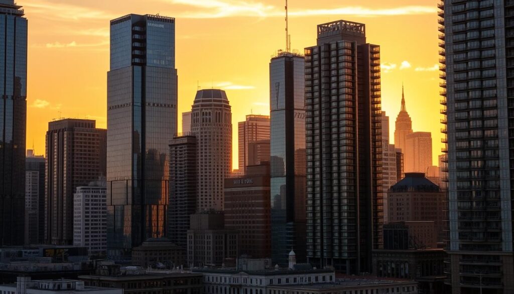 A majestic cityscape rises, its towering edifices gleaming under the warm golden glow of the setting sun. In the foreground, newly constructed buildings stand tall, their sleek glass facades and sharp, angular lines reflecting the sky's vibrant hues. The middle ground features a mix of older, well-maintained structures, their carefully preserved architectural details adding depth and character to the scene. In the background, the silhouettes of distant skyscrapers pierce the horizon, their windows shimmering like diamonds. Elegant lighting casts a soft, inviting ambiance, highlighting the intricate textures and materials that comprise this thriving, rejuvenated urban landscape. A majestic cityscape rises, its towering edifices gleaming under the warm golden glow of the setting sun. In the foreground, newly constructed buildings stand tall, their sleek glass facades and sharp, angular lines reflecting the sky's vibrant hues. The middle ground features a mix of older, well-maintained structures, their carefully preserved architectural details adding depth and character to the scene. In the background, the silhouettes of distant skyscrapers pierce the horizon, their windows shimmering like diamonds. Elegant lighting casts a soft, inviting ambiance, highlighting the intricate textures and materials that comprise this thriving, rejuvenated urban landscape.