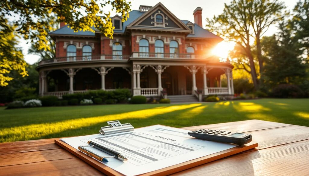 A majestic two-story Victorian-style mansion set against a backdrop of lush greenery. The exterior features intricate brick and stone detailing, with a grand wraparound porch and ornate columns. Warm afternoon sunlight filters through the windows, casting a golden glow on the carefully manicured lawn. In the foreground, a clipboard with insurance documents and a calculator sit on a wooden table, signifying the appraisal and valuation process. The scene conveys a sense of security, attention to detail, and the importance of properly insuring one's dream home. A majestic two-story Victorian-style mansion set against a backdrop of lush greenery. The exterior features intricate brick and stone detailing, with a grand wraparound porch and ornate columns. Warm afternoon sunlight filters through the windows, casting a golden glow on the carefully manicured lawn. In the foreground, a clipboard with insurance documents and a calculator sit on a wooden table, signifying the appraisal and valuation process. The scene conveys a sense of security, attention to detail, and the importance of properly insuring one's dream home.