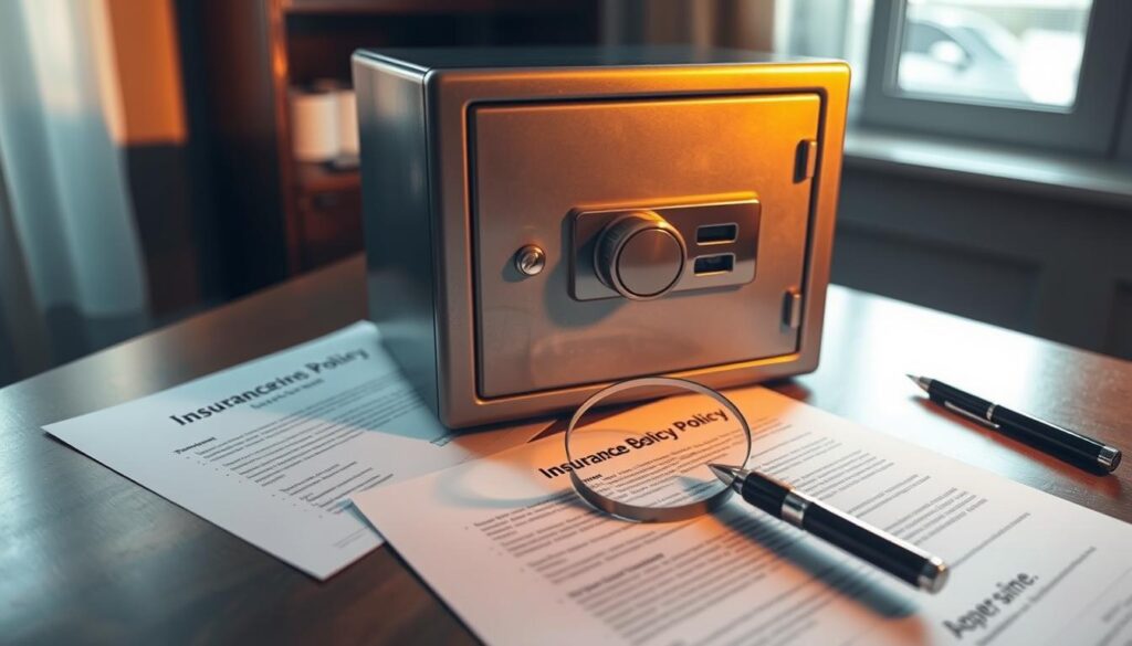 A metal safe sitting on a wooden desk, surrounded by documents and a pen. The safe is illuminated by a warm, directional light, casting shadows on the desk. The documents represent an insurance policy, with a magnifying glass highlighting the fine print. The scene conveys a sense of security, protection, and the importance of thoroughly understanding the details of one's insurance coverage. A metal safe sitting on a wooden desk, surrounded by documents and a pen. The safe is illuminated by a warm, directional light, casting shadows on the desk. The documents represent an insurance policy, with a magnifying glass highlighting the fine print. The scene conveys a sense of security, protection, and the importance of thoroughly understanding the details of one's insurance coverage.