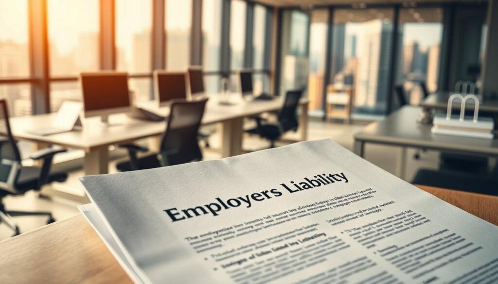A meticulously crafted image showcasing the essentials of employers' liability insurance. In the foreground, a professional-looking document with the title "Employers Liability Insurance Policy" lies open, its pages crisp and clean. Surrounding it, a soft, blurred background depicts a modern office setting - neatly organized desks, ergonomic chairs, and a large window overlooking a bustling city skyline. Warm, natural lighting filters through, casting a subtle glow on the scene. The overall atmosphere conveys a sense of security, professionalism, and attention to detail, reflecting the importance of this essential business coverage. A meticulously crafted image showcasing the essentials of employers' liability insurance. In the foreground, a professional-looking document with the title "Employers Liability Insurance Policy" lies open, its pages crisp and clean. Surrounding it, a soft, blurred background depicts a modern office setting - neatly organized desks, ergonomic chairs, and a large window overlooking a bustling city skyline. Warm, natural lighting filters through, casting a subtle glow on the scene. The overall atmosphere conveys a sense of security, professionalism, and attention to detail, reflecting the importance of this essential business coverage.