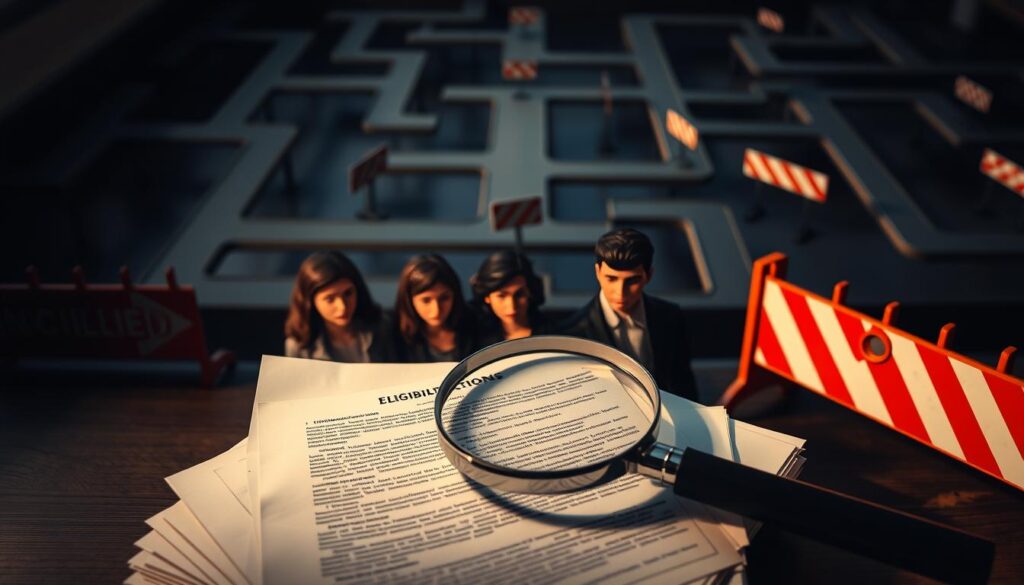 A meticulously crafted scene depicting the concept of "Eligibility and Exclusions". In the foreground, a magnifying glass hovers over a stack of documents, illuminating the fine print and legalese that often govern the eligibility criteria and exclusions of insurance policies. The middle ground features a group of diverse individuals, each with a contemplative expression, as they navigate the complexities of understanding the fine print. In the background, a maze-like structure of interconnected pathways and roadblocks symbolizes the intricate web of rules and limitations that can often confuse and frustrate consumers. The lighting is soft and moody, casting shadows that accentuate the sense of uncertainty and the need for careful consideration. The overall composition conveys the importance of understanding the finer details when selecting the right insurance plan. A meticulously crafted scene depicting the concept of "Eligibility and Exclusions". In the foreground, a magnifying glass hovers over a stack of documents, illuminating the fine print and legalese that often govern the eligibility criteria and exclusions of insurance policies. The middle ground features a group of diverse individuals, each with a contemplative expression, as they navigate the complexities of understanding the fine print. In the background, a maze-like structure of interconnected pathways and roadblocks symbolizes the intricate web of rules and limitations that can often confuse and frustrate consumers. The lighting is soft and moody, casting shadows that accentuate the sense of uncertainty and the need for careful consideration. The overall composition conveys the importance of understanding the finer details when selecting the right insurance plan.