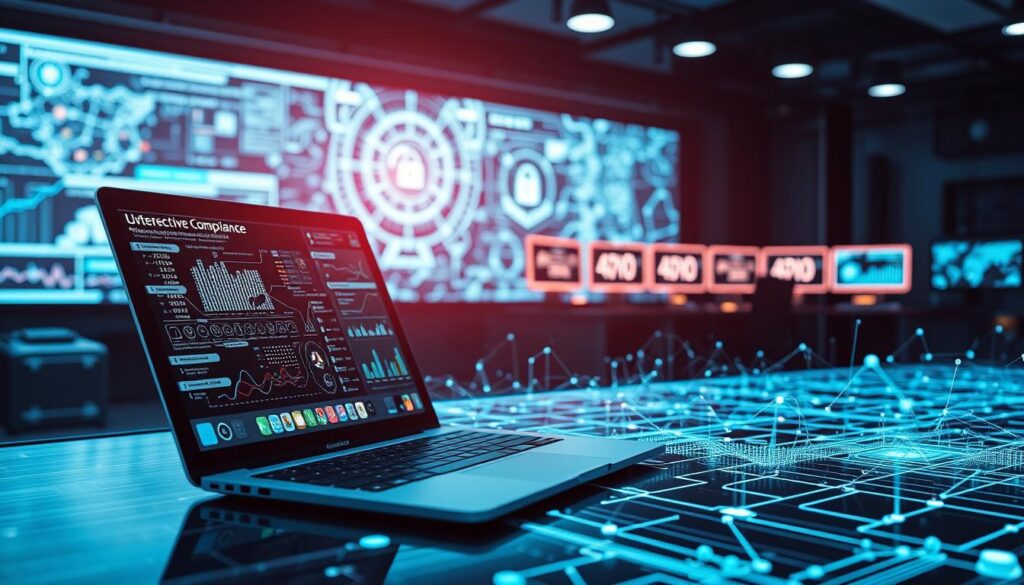 A meticulously detailed data recreation cover showcasing a complex cybersecurity landscape. In the foreground, a sleek laptop displays intricate data visualizations, surrounded by an array of security icons and symbols. The middle ground features an abstract network of interconnected nodes and lines, reflecting the dynamic nature of digital threats. In the background, a high-tech control room with multiple monitors and a holographic display, casting a cool, futuristic glow. Lighting is directional, highlighting the key elements and creating a sense of depth and sophistication. The overall atmosphere conveys a perfect balance of cutting-edge technology and comprehensive protection, befitting the subject of cybersecurity compliance insurance. A meticulously detailed data recreation cover showcasing a complex cybersecurity landscape. In the foreground, a sleek laptop displays intricate data visualizations, surrounded by an array of security icons and symbols. The middle ground features an abstract network of interconnected nodes and lines, reflecting the dynamic nature of digital threats. In the background, a high-tech control room with multiple monitors and a holographic display, casting a cool, futuristic glow. Lighting is directional, highlighting the key elements and creating a sense of depth and sophistication. The overall atmosphere conveys a perfect balance of cutting-edge technology and comprehensive protection, befitting the subject of cybersecurity compliance insurance.