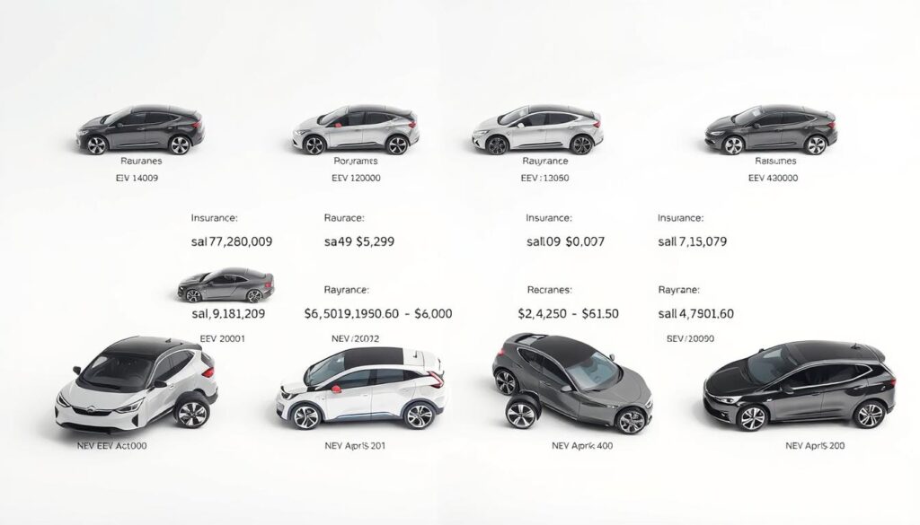 A meticulously detailed, high-resolution image showcasing a comparison of insurance rates for various electric vehicle models. Set against a minimalist, clean background, the foreground features an array of EV icons neatly arranged, each accompanied by its corresponding insurance cost data displayed in a clear, easy-to-read format. The lighting is soft and even, accentuating the sleek, modern aesthetics of the EVs. The camera angle is slightly elevated, providing an encompassing view of the model-by-model comparison. The overall mood is one of informative clarity, allowing the viewer to easily grasp the essential cost insights at a glance. A meticulously detailed, high-resolution image showcasing a comparison of insurance rates for various electric vehicle models. Set against a minimalist, clean background, the foreground features an array of EV icons neatly arranged, each accompanied by its corresponding insurance cost data displayed in a clear, easy-to-read format. The lighting is soft and even, accentuating the sleek, modern aesthetics of the EVs. The camera angle is slightly elevated, providing an encompassing view of the model-by-model comparison. The overall mood is one of informative clarity, allowing the viewer to easily grasp the essential cost insights at a glance.