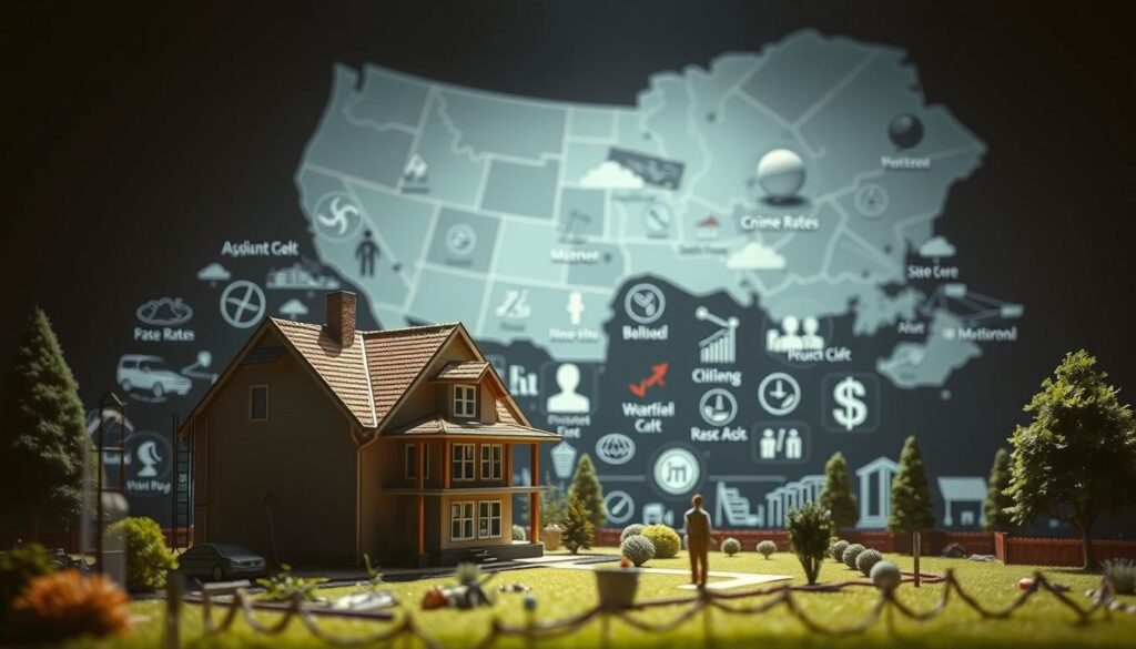 A meticulously detailed illustration of factors affecting insurance rates, captured with a wide-angle lens and dramatic lighting. In the foreground, an array of home and property elements - roof, walls, windows, landscaping - stand out in sharp focus. The middle ground features various icons representing risk factors such as weather patterns, crime rates, and construction materials. In the background, a map of the region unfolds, subtly hinting at geographical and demographic influences. The overall composition conveys a sense of complexity and interconnectedness, reflecting the nuanced nature of homeowners and renters insurance pricing. A meticulously detailed illustration of factors affecting insurance rates, captured with a wide-angle lens and dramatic lighting. In the foreground, an array of home and property elements - roof, walls, windows, landscaping - stand out in sharp focus. The middle ground features various icons representing risk factors such as weather patterns, crime rates, and construction materials. In the background, a map of the region unfolds, subtly hinting at geographical and demographic influences. The overall composition conveys a sense of complexity and interconnectedness, reflecting the nuanced nature of homeowners and renters insurance pricing.