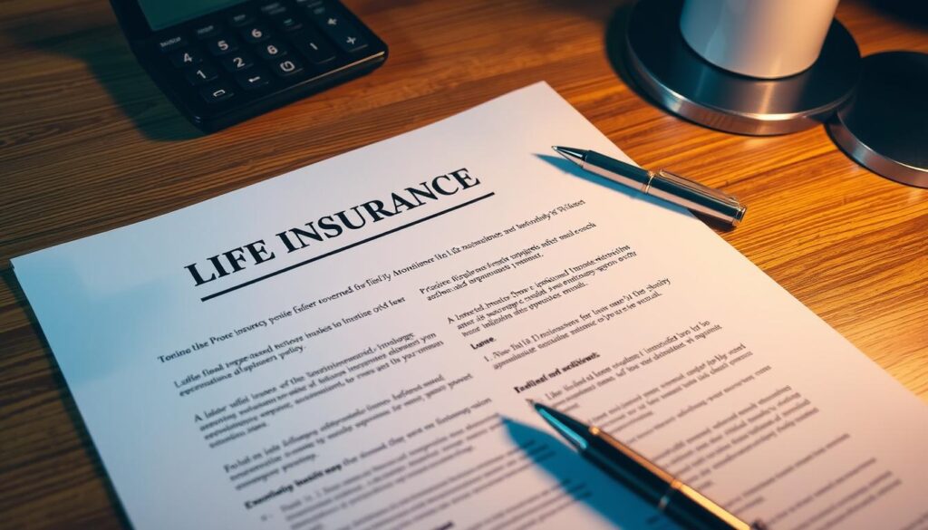 A meticulously detailed life insurance policy document, lying on a wooden desk with a pen and financial calculator nearby. Soft, warm lighting illuminates the scene, creating a sense of professionalism and thoughtfulness. The policy pages are crisp and clearly legible, inviting the viewer to carefully examine the coverage details. The overall atmosphere conveys the gravity and importance of making an informed decision about one's life insurance needs. A meticulously detailed life insurance policy document, lying on a wooden desk with a pen and financial calculator nearby. Soft, warm lighting illuminates the scene, creating a sense of professionalism and thoughtfulness. The policy pages are crisp and clearly legible, inviting the viewer to carefully examine the coverage details. The overall atmosphere conveys the gravity and importance of making an informed decision about one's life insurance needs.