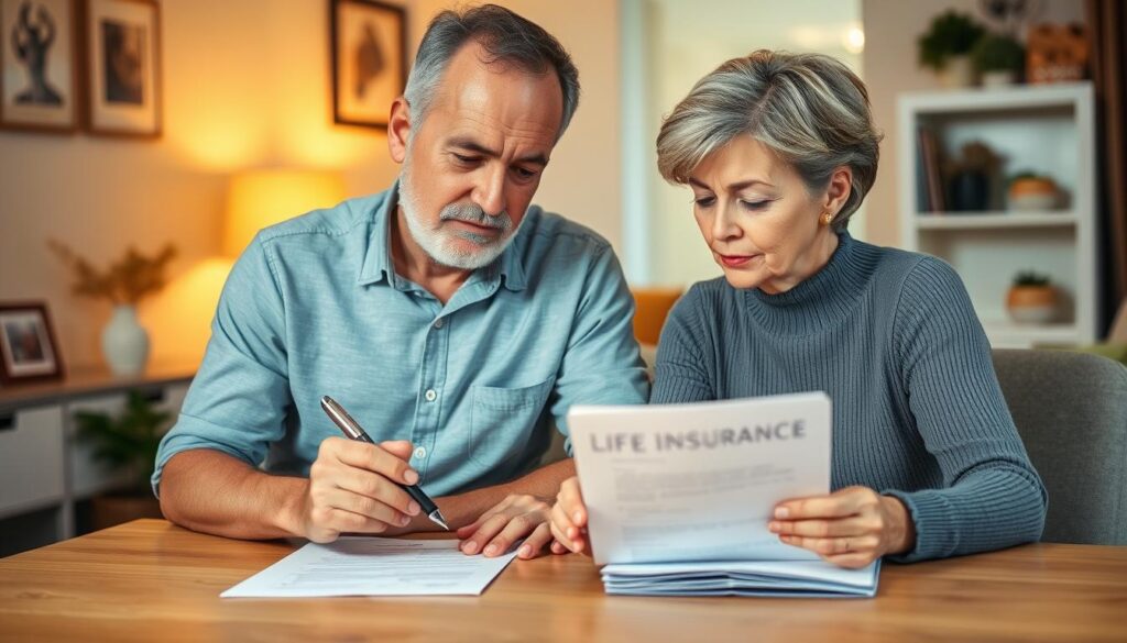 A middle-aged couple sitting at a table, carefully reviewing life insurance documents, expressions of thoughtful consideration on their faces. The scene is set in a cozy, well-lit home office, with warm lighting casting a gentle glow. The husband leans forward, pen in hand, while the wife listens attentively, her gaze fixed on the papers before them. The background is softly blurred, focusing the viewer's attention on the couple's contemplative moment as they make an important decision about securing their financial future in their 60s. A middle-aged couple sitting at a table, carefully reviewing life insurance documents, expressions of thoughtful consideration on their faces. The scene is set in a cozy, well-lit home office, with warm lighting casting a gentle glow. The husband leans forward, pen in hand, while the wife listens attentively, her gaze fixed on the papers before them. The background is softly blurred, focusing the viewer's attention on the couple's contemplative moment as they make an important decision about securing their financial future in their 60s.
