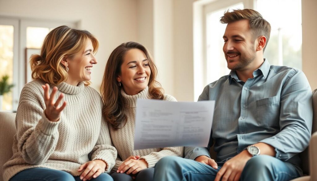 A middle-aged couple, the parents, sitting comfortably in an airy, well-lit living room. The mother, wearing a cozy sweater, is gesturing animatedly as she explains insurance options to her college-aged son, who is attentively listening. The father, in a button-down shirt, nods in agreement, his expression conveying a sense of reassurance and guidance. Warm, natural lighting filters through large windows, creating a inviting, familial atmosphere. The background features subtle, tasteful decor, hinting at a stable, comfortable household. The overall scene conveys the idea of parents supporting their child's transition to adulthood and independence. A middle-aged couple, the parents, sitting comfortably in an airy, well-lit living room. The mother, wearing a cozy sweater, is gesturing animatedly as she explains insurance options to her college-aged son, who is attentively listening. The father, in a button-down shirt, nods in agreement, his expression conveying a sense of reassurance and guidance. Warm, natural lighting filters through large windows, creating a inviting, familial atmosphere. The background features subtle, tasteful decor, hinting at a stable, comfortable household. The overall scene conveys the idea of parents supporting their child's transition to adulthood and independence.