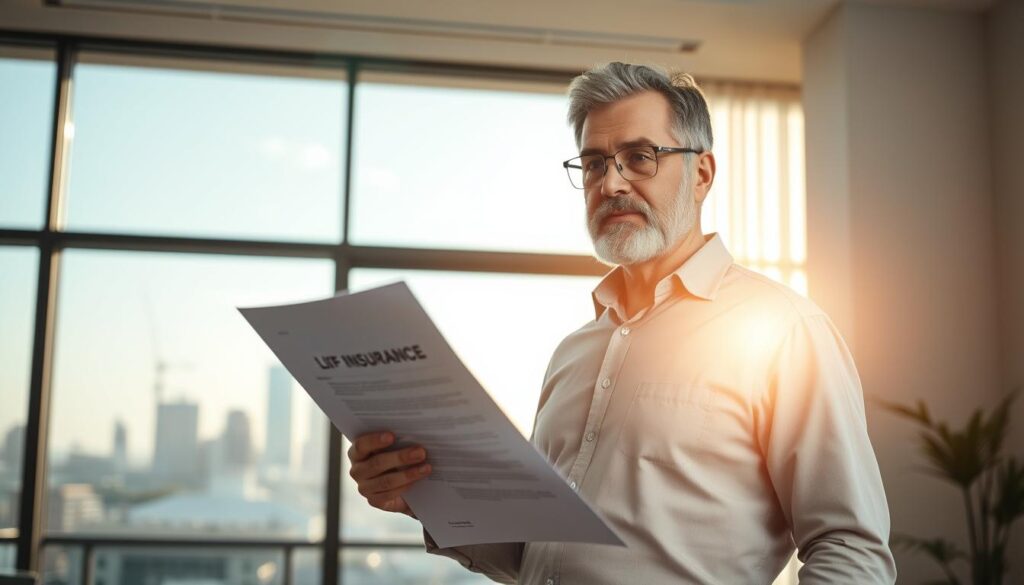 A middle-aged person standing in a sunlit office, holding a life insurance contract with a pen in hand, looking determined and focused. The background features a modern, minimalist interior with a large window overlooking a city skyline. Soft, warm lighting illuminates the scene, creating a sense of security and reliability. The overall atmosphere conveys a confident, informed decision-making process about securing one's financial future. A middle-aged person standing in a sunlit office, holding a life insurance contract with a pen in hand, looking determined and focused. The background features a modern, minimalist interior with a large window overlooking a city skyline. Soft, warm lighting illuminates the scene, creating a sense of security and reliability. The overall atmosphere conveys a confident, informed decision-making process about securing one's financial future.