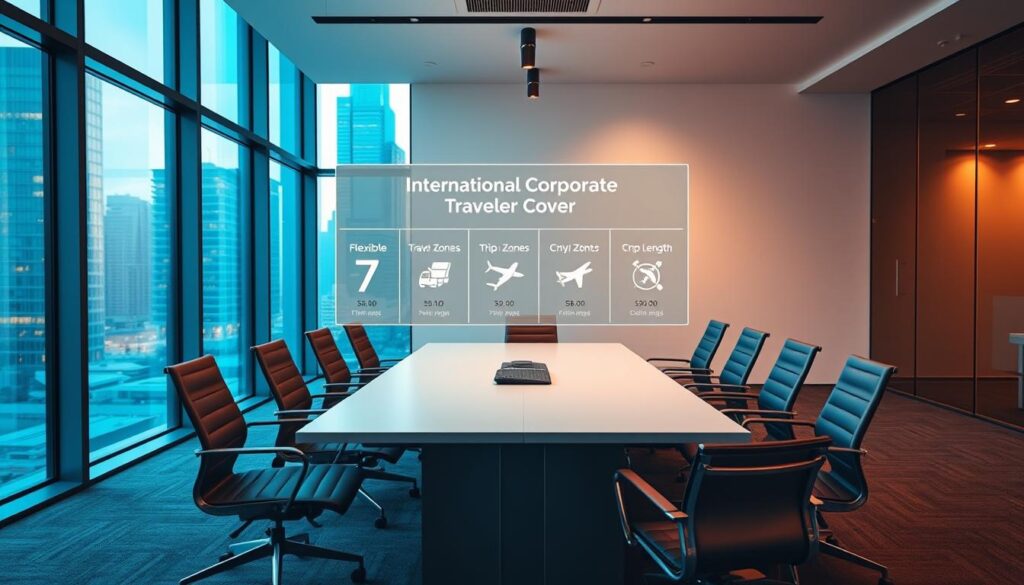 A minimalist corporate office space with floor-to-ceiling windows overlooking a bustling city skyline. The foreground features a sleek conference table surrounded by ergonomic chairs, conveying a sense of professionalism and efficiency. The middle ground showcases a digital display board showcasing flexible travel zones and customizable trip lengths, highlighting the adaptability of the international corporate traveler cover. The background is bathed in warm, diffused lighting, creating a welcoming and sophisticated atmosphere. The overall composition emphasizes the balance between structure and flexibility, reflecting the versatility of the corporate travel services offered. A minimalist corporate office space with floor-to-ceiling windows overlooking a bustling city skyline. The foreground features a sleek conference table surrounded by ergonomic chairs, conveying a sense of professionalism and efficiency. The middle ground showcases a digital display board showcasing flexible travel zones and customizable trip lengths, highlighting the adaptability of the international corporate traveler cover. The background is bathed in warm, diffused lighting, creating a welcoming and sophisticated atmosphere. The overall composition emphasizes the balance between structure and flexibility, reflecting the versatility of the corporate travel services offered.