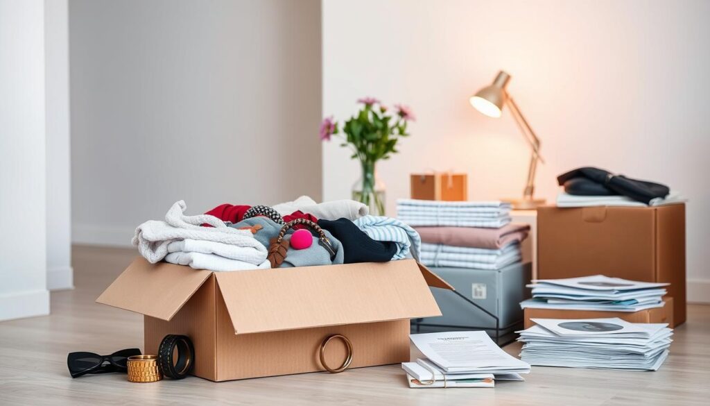 A minimalist still life of various household contents arranged in a visually striking composition. In the foreground, an open cardboard box overflows with neatly folded clothes, accessories, and personal items. The middle ground features a vase of fresh flowers, a desk lamp casting a warm glow, and a stack of important documents. The background is a simple, clean-lined interior with a plain white wall, hinting at the domestic setting. The lighting is soft and diffuse, creating a sense of tranquility and introspection. The overall mood is one of organized simplicity, subtly conveying the concept of "contents" and the factors that insurers weigh up when evaluating renters' risks. A minimalist still life of various household contents arranged in a visually striking composition. In the foreground, an open cardboard box overflows with neatly folded clothes, accessories, and personal items. The middle ground features a vase of fresh flowers, a desk lamp casting a warm glow, and a stack of important documents. The background is a simple, clean-lined interior with a plain white wall, hinting at the domestic setting. The lighting is soft and diffuse, creating a sense of tranquility and introspection. The overall mood is one of organized simplicity, subtly conveying the concept of "contents" and the factors that insurers weigh up when evaluating renters' risks.