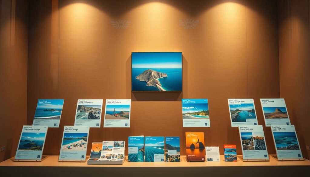A minimalist travel agency window display showcasing various vacation packages, with a central focus on a carefully curated selection of travel plans. The foreground features vibrant, high-resolution photographs of idyllic destinations, each with a concise, informative title. The middle ground presents neatly organized brochures and pamphlets, inviting the viewer to explore their options. In the background, a warm, neutral-toned wall with subtle, calming patterns creates a sophisticated, yet welcoming atmosphere. The lighting is soft and diffused, highlighting the visual appeal of the travel plans. The overall composition conveys a sense of professionalism, attention to detail, and the ability to find the perfect plan to suit any traveler's needs. A minimalist travel agency window display showcasing various vacation packages, with a central focus on a carefully curated selection of travel plans. The foreground features vibrant, high-resolution photographs of idyllic destinations, each with a concise, informative title. The middle ground presents neatly organized brochures and pamphlets, inviting the viewer to explore their options. In the background, a warm, neutral-toned wall with subtle, calming patterns creates a sophisticated, yet welcoming atmosphere. The lighting is soft and diffused, highlighting the visual appeal of the travel plans. The overall composition conveys a sense of professionalism, attention to detail, and the ability to find the perfect plan to suit any traveler's needs.