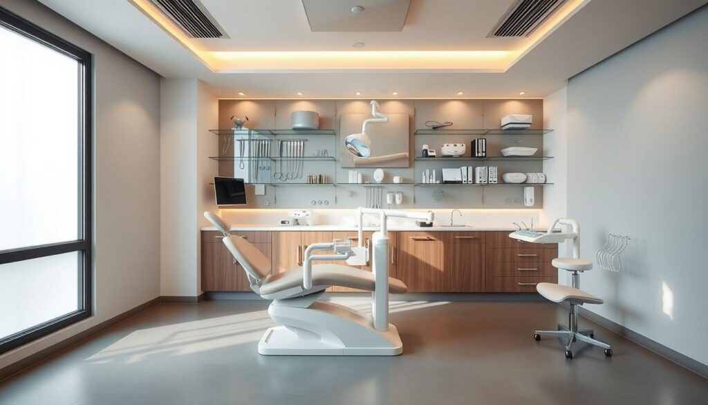 A minimalistic, clean dental office interior with modern design elements. An examination chair takes center stage, bathed in warm, directional lighting from overhead. In the background, a sleek display wall showcases various dental tools and devices, reflecting the technological advancements of the practice. The floor is a muted, neutral tone, leading the eye towards a large window that allows natural light to filter in, creating a sense of openness and wellness. The overall atmosphere conveys professionalism, care, and a focus on the patient's visual and oral health. A minimalistic, clean dental office interior with modern design elements. An examination chair takes center stage, bathed in warm, directional lighting from overhead. In the background, a sleek display wall showcases various dental tools and devices, reflecting the technological advancements of the practice. The floor is a muted, neutral tone, leading the eye towards a large window that allows natural light to filter in, creating a sense of openness and wellness. The overall atmosphere conveys professionalism, care, and a focus on the patient's visual and oral health.