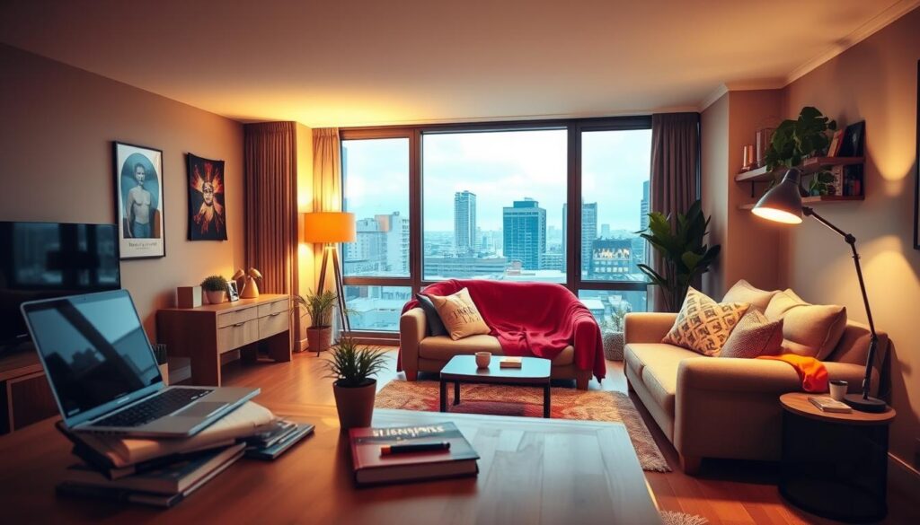 A modern apartment interior with a cozy, welcoming atmosphere. In the foreground, a wooden desk or coffee table displays various household items, including a laptop, books, and a potted plant, suggesting a student's living space. The middle ground showcases a plush sofa or armchair, with a vibrant throw blanket and decorative pillows, creating a comfortable and relaxed seating area. The background features a large window overlooking a cityscape, allowing natural light to flood the room. The overall lighting is warm and inviting, with a mix of soft, diffused overhead lighting and natural sunlight. The color palette is a harmonious blend of neutral tones, with pops of color in the accessories and textiles, reflecting a contemporary and stylish aesthetic. A modern apartment interior with a cozy, welcoming atmosphere. In the foreground, a wooden desk or coffee table displays various household items, including a laptop, books, and a potted plant, suggesting a student's living space. The middle ground showcases a plush sofa or armchair, with a vibrant throw blanket and decorative pillows, creating a comfortable and relaxed seating area. The background features a large window overlooking a cityscape, allowing natural light to flood the room. The overall lighting is warm and inviting, with a mix of soft, diffused overhead lighting and natural sunlight. The color palette is a harmonious blend of neutral tones, with pops of color in the accessories and textiles, reflecting a contemporary and stylish aesthetic.