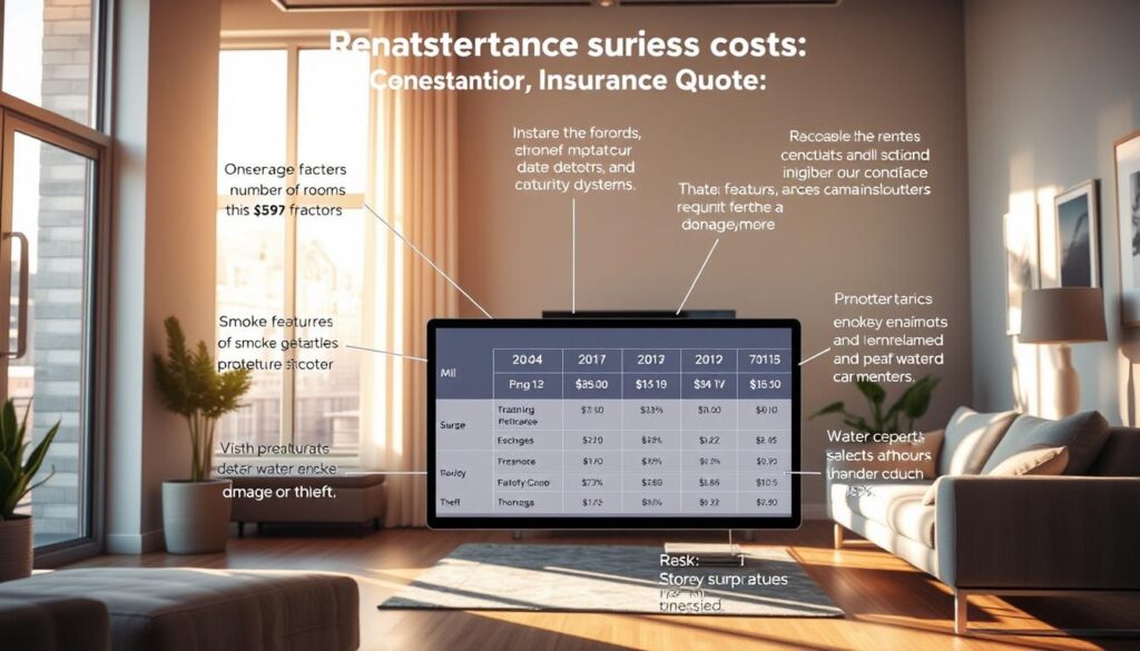 A modern apartment interior with natural light streaming through large windows, showcasing various elements that impact renters insurance quotes, such as the square footage, number of rooms, safety features like smoke detectors and security systems, and potential risks like water damage or theft. The scene has a balanced, harmonious composition, with the focal point being a detailed breakdown of cost factors displayed on a digital screen or tablet. The lighting is warm and inviting, creating a sense of comfort and practicality, reflecting the importance of renters insurance in protecting one's personal belongings and financial security. A modern apartment interior with natural light streaming through large windows, showcasing various elements that impact renters insurance quotes, such as the square footage, number of rooms, safety features like smoke detectors and security systems, and potential risks like water damage or theft. The scene has a balanced, harmonious composition, with the focal point being a detailed breakdown of cost factors displayed on a digital screen or tablet. The lighting is warm and inviting, creating a sense of comfort and practicality, reflecting the importance of renters insurance in protecting one's personal belongings and financial security.
