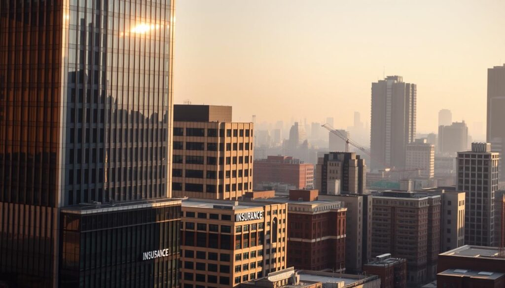 A modern cityscape of commercial office buildings, with a focus on their insurance-related features. In the foreground, a towering skyscraper with a sleek glass facade reflects the sunlight, its lower levels adorned with signage for an insurance company. In the middle ground, a row of smaller, well-maintained office buildings, their exteriors meticulously designed to project an image of stability and trustworthiness. The background features a hazy urban skyline, with a mix of architectural styles and heights, conveying a sense of a thriving, insurance-driven business district. The scene is captured with a cinematic, wide-angle lens, highlighting the scale and grandeur of the buildings, and illuminated by warm, diffused lighting that casts subtle shadows, creating a sense of depth and solidity. A modern cityscape of commercial office buildings, with a focus on their insurance-related features. In the foreground, a towering skyscraper with a sleek glass facade reflects the sunlight, its lower levels adorned with signage for an insurance company. In the middle ground, a row of smaller, well-maintained office buildings, their exteriors meticulously designed to project an image of stability and trustworthiness. The background features a hazy urban skyline, with a mix of architectural styles and heights, conveying a sense of a thriving, insurance-driven business district. The scene is captured with a cinematic, wide-angle lens, highlighting the scale and grandeur of the buildings, and illuminated by warm, diffused lighting that casts subtle shadows, creating a sense of depth and solidity.