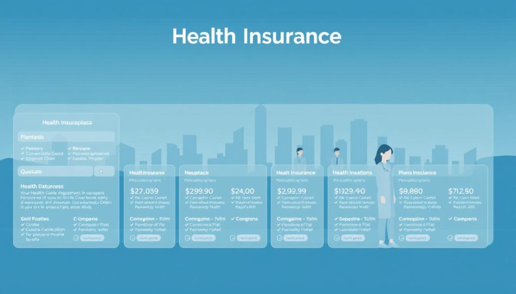 A modern, clean-lined digital illustration showcasing a diverse array of health insurance plan options. In the foreground, an elegant, semi-transparent interface displays various plan details, coverage levels, and pricing. The middle ground features stylized human figures representing different demographics, each thoughtfully considering their options. The background depicts a serene, minimalist cityscape, conveying a sense of security and stability. The overall composition is characterized by a cool, soothing color palette, crisp typography, and a sleek, modern aesthetic that evokes a sense of professionalism and trustworthiness. A modern, clean-lined digital illustration showcasing a diverse array of health insurance plan options. In the foreground, an elegant, semi-transparent interface displays various plan details, coverage levels, and pricing. The middle ground features stylized human figures representing different demographics, each thoughtfully considering their options. The background depicts a serene, minimalist cityscape, conveying a sense of security and stability. The overall composition is characterized by a cool, soothing color palette, crisp typography, and a sleek, modern aesthetic that evokes a sense of professionalism and trustworthiness.