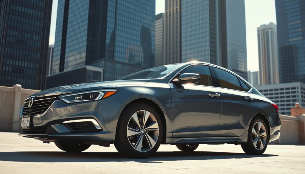 A modern, clean-lined sedan in a sleek gray metallic finish, parked in a sun-dappled urban setting. The vehicle's exterior is meticulously detailed, with sharp contours and gleaming chrome accents. Towering skyscrapers loom in the background, casting dramatic shadows across the scene. The lighting is soft and directional, creating a sense of depth and volume. The camera angle is slightly low, lending an authoritative, almost elevated perspective to the car. The overall mood is one of sophistication, highlighting the car's reliability and suitability for a range of drivers, from young adults to experienced motorists. A modern, clean-lined sedan in a sleek gray metallic finish, parked in a sun-dappled urban setting. The vehicle's exterior is meticulously detailed, with sharp contours and gleaming chrome accents. Towering skyscrapers loom in the background, casting dramatic shadows across the scene. The lighting is soft and directional, creating a sense of depth and volume. The camera angle is slightly low, lending an authoritative, almost elevated perspective to the car. The overall mood is one of sophistication, highlighting the car's reliability and suitability for a range of drivers, from young adults to experienced motorists.
