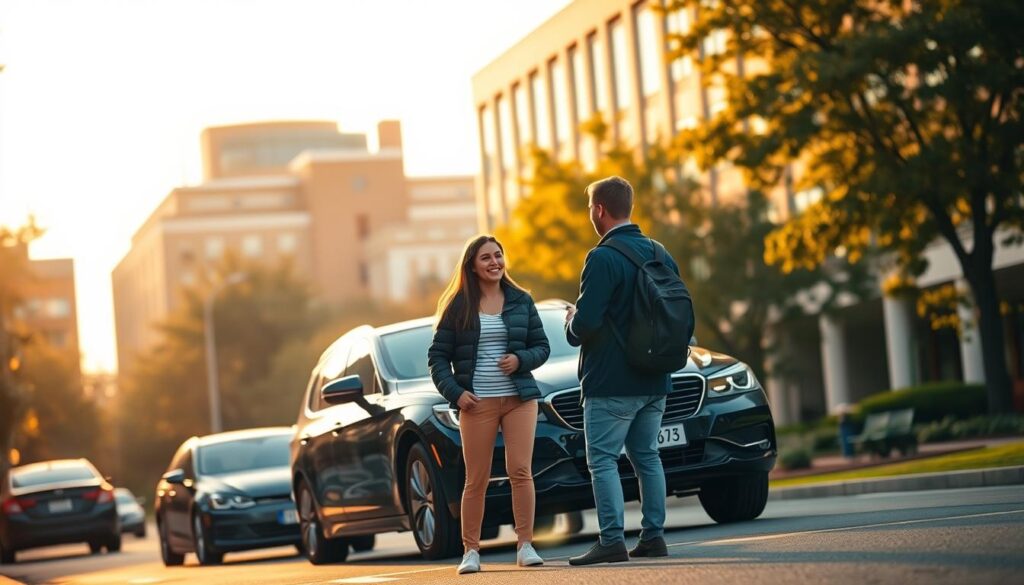 A modern college campus, with a bustling street in the foreground. In the center, a student stands next to their car, deep in conversation with a friendly insurance agent. The campus buildings loom in the background, bathed in warm, golden sunlight. The scene conveys a sense of security and guidance, as the student navigates the complexities of car insurance for the first time. The composition is balanced, with the agent and student occupying the focal point, while the campus setting provides context and a sense of place. The lighting is soft and natural, creating a welcoming and approachable atmosphere. A modern college campus, with a bustling street in the foreground. In the center, a student stands next to their car, deep in conversation with a friendly insurance agent. The campus buildings loom in the background, bathed in warm, golden sunlight. The scene conveys a sense of security and guidance, as the student navigates the complexities of car insurance for the first time. The composition is balanced, with the agent and student occupying the focal point, while the campus setting provides context and a sense of place. The lighting is soft and natural, creating a welcoming and approachable atmosphere.