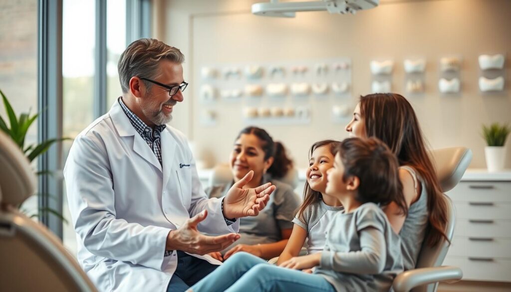 A modern dental office, softly illuminated by natural light filtering through large windows. In the foreground, a happy family sits together, discussing dental insurance coverage, with a focus on orthodontic treatment options. The dentist, wearing a crisp white coat, gestures animatedly, explaining the benefits and process. In the background, a wall display showcases various orthodontic appliances, underscoring the comprehensive services available. The scene conveys a sense of trust, care, and the importance of maintaining optimal oral health through accessible dental insurance. A modern dental office, softly illuminated by natural light filtering through large windows. In the foreground, a happy family sits together, discussing dental insurance coverage, with a focus on orthodontic treatment options. The dentist, wearing a crisp white coat, gestures animatedly, explaining the benefits and process. In the background, a wall display showcases various orthodontic appliances, underscoring the comprehensive services available. The scene conveys a sense of trust, care, and the importance of maintaining optimal oral health through accessible dental insurance.