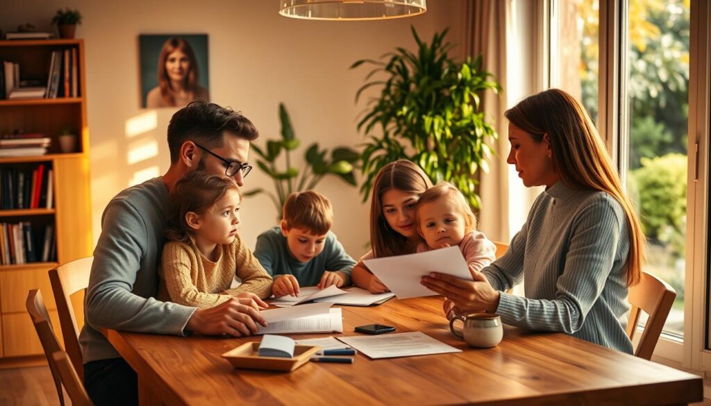 A modern family sitting around a wooden kitchen table, discussing their private health insurance policy. The parents are concerned, poring over documents, while the children listen intently. Warm, golden lighting illuminates the scene, creating a cozy, homely atmosphere. The background features a bookshelf, a potted plant, and a window overlooking a lush, verdant garden, suggesting a comfortable, middle-class household. The composition emphasizes the family's thoughtful deliberation on the importance of having the right medical coverage to protect their loved ones. A modern family sitting around a wooden kitchen table, discussing their private health insurance policy. The parents are concerned, poring over documents, while the children listen intently. Warm, golden lighting illuminates the scene, creating a cozy, homely atmosphere. The background features a bookshelf, a potted plant, and a window overlooking a lush, verdant garden, suggesting a comfortable, middle-class household. The composition emphasizes the family's thoughtful deliberation on the importance of having the right medical coverage to protect their loved ones.