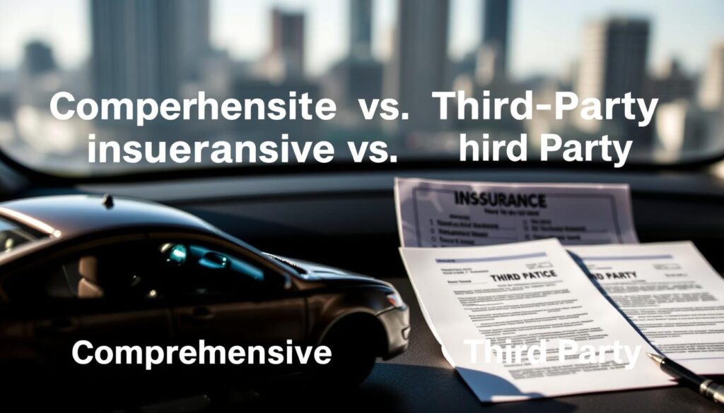 A modern, high-contrast image showcasing the key differences between comprehensive and third-party car insurance coverage. In the foreground, a detailed car model with shimmering metallic paint, casting dramatic shadows. In the middle ground, two sets of insurance policy documents, one labeled "Comprehensive" and the other "Third Party", their contents visible through the translucent pages. The background is a softly blurred cityscape, hinting at the broader context of urban driving. The lighting is clean and directional, creating a sense of depth and professionalism. The overall mood is one of clarity, comparison, and the importance of making an informed insurance decision. A modern, high-contrast image showcasing the key differences between comprehensive and third-party car insurance coverage. In the foreground, a detailed car model with shimmering metallic paint, casting dramatic shadows. In the middle ground, two sets of insurance policy documents, one labeled "Comprehensive" and the other "Third Party", their contents visible through the translucent pages. The background is a softly blurred cityscape, hinting at the broader context of urban driving. The lighting is clean and directional, creating a sense of depth and professionalism. The overall mood is one of clarity, comparison, and the importance of making an informed insurance decision.