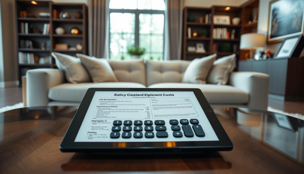A modern, high-end home interior with a focus on insurance coverage and replacement costs. In the foreground, a sleek, minimalist coffee table displays a tablet showcasing detailed policy documents and a calculator. Behind it, a large window fills the room with warm, natural light, framing a plush, contemporary sofa. In the background, bookshelves and artwork create a sense of sophistication and attention to detail. The overall mood is one of thoughtful financial planning and protection for a luxury property, conveyed through carefully curated design elements. A modern, high-end home interior with a focus on insurance coverage and replacement costs. In the foreground, a sleek, minimalist coffee table displays a tablet showcasing detailed policy documents and a calculator. Behind it, a large window fills the room with warm, natural light, framing a plush, contemporary sofa. In the background, bookshelves and artwork create a sense of sophistication and attention to detail. The overall mood is one of thoughtful financial planning and protection for a luxury property, conveyed through carefully curated design elements.