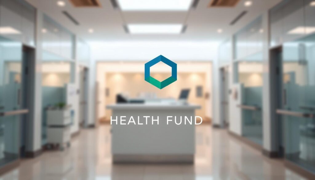 A modern, minimalist health fund logo design, featuring interlocking hexagonal shapes in shades of blue and green, conveying a sense of connectivity, security, and wellness. The logo is set against a blurred background of a medical facility, with clean white walls, sleek glass and metal accents, and warm lighting, creating an atmosphere of professionalism and trust. The image is captured from a low angle, emphasizing the confidence and reliability of the health fund. A modern, minimalist health fund logo design, featuring interlocking hexagonal shapes in shades of blue and green, conveying a sense of connectivity, security, and wellness. The logo is set against a blurred background of a medical facility, with clean white walls, sleek glass and metal accents, and warm lighting, creating an atmosphere of professionalism and trust. The image is captured from a low angle, emphasizing the confidence and reliability of the health fund.
