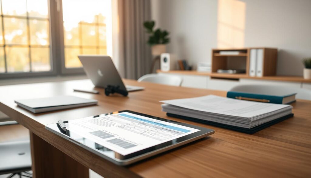A modern, minimalist home office with a large desk, a laptop, and a stack of documents. Warm, diffused lighting from a window casts a soft glow across the scene. On the desk, a tablet displays a detailed homeowners insurance quote, with clear, legible information and graphics. The atmosphere is calm, professional, and inviting, reflecting the importance of securing comprehensive home coverage. A modern, minimalist home office with a large desk, a laptop, and a stack of documents. Warm, diffused lighting from a window casts a soft glow across the scene. On the desk, a tablet displays a detailed homeowners insurance quote, with clear, legible information and graphics. The atmosphere is calm, professional, and inviting, reflecting the importance of securing comprehensive home coverage.