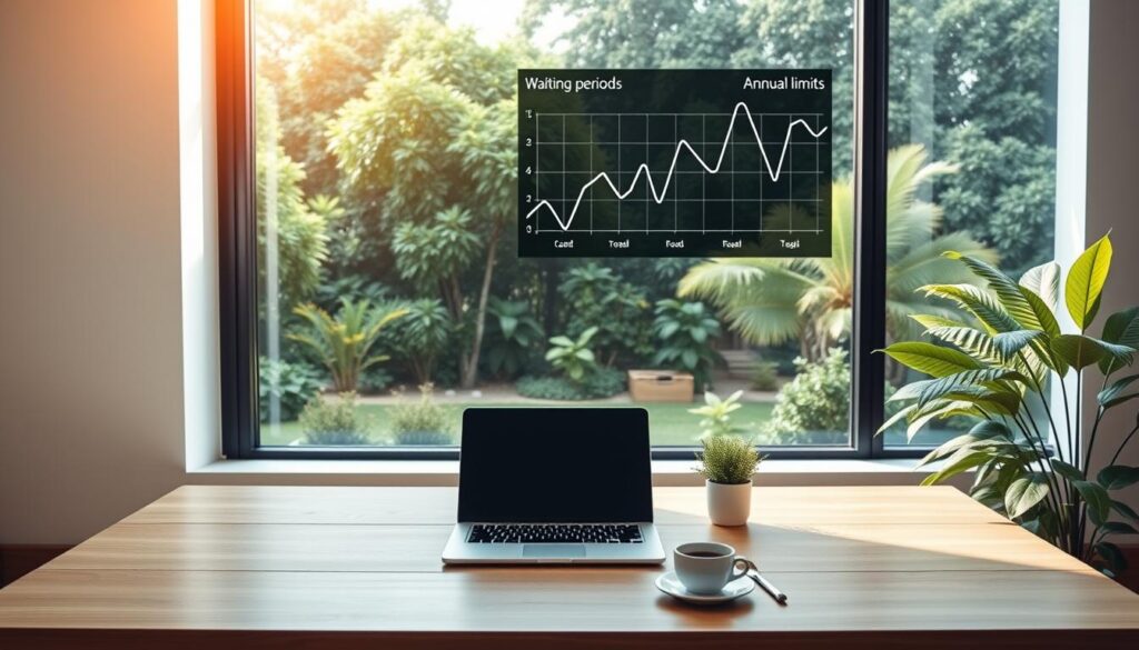 A modern, minimalist office interior with a large window overlooking a lush, verdant garden. In the foreground, a sleek wooden desk with a laptop, a cup of coffee, and a small potted plant. Above the desk, a wall-mounted display shows a graph with fluctuating lines, representing the concepts of "waiting periods" and "annual limits." The lighting is soft and natural, filtering in through the window, creating a warm and contemplative atmosphere. The overall scene conveys a sense of professionalism, efficiency, and attention to detail, reflecting the subject matter of the article. A modern, minimalist office interior with a large window overlooking a lush, verdant garden. In the foreground, a sleek wooden desk with a laptop, a cup of coffee, and a small potted plant. Above the desk, a wall-mounted display shows a graph with fluctuating lines, representing the concepts of "waiting periods" and "annual limits." The lighting is soft and natural, filtering in through the window, creating a warm and contemplative atmosphere. The overall scene conveys a sense of professionalism, efficiency, and attention to detail, reflecting the subject matter of the article.