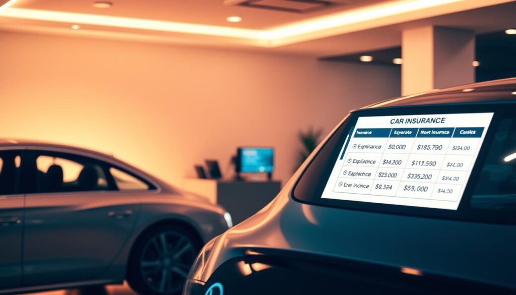 A modern, neon-lit interior scene of a car insurance office. In the foreground, a sleek sedan with a digital display showcasing car insurance quotes, bathed in a warm, inviting light. In the middle ground, a desk with a computer screen displaying various insurance options and rates. The background features minimalist, geometric architectural elements and subtle ambient lighting, creating a sense of professionalism and expertise. The overall atmosphere is one of efficiency, technology, and a focus on finding the most affordable full coverage car insurance options. A modern, neon-lit interior scene of a car insurance office. In the foreground, a sleek sedan with a digital display showcasing car insurance quotes, bathed in a warm, inviting light. In the middle ground, a desk with a computer screen displaying various insurance options and rates. The background features minimalist, geometric architectural elements and subtle ambient lighting, creating a sense of professionalism and expertise. The overall atmosphere is one of efficiency, technology, and a focus on finding the most affordable full coverage car insurance options.