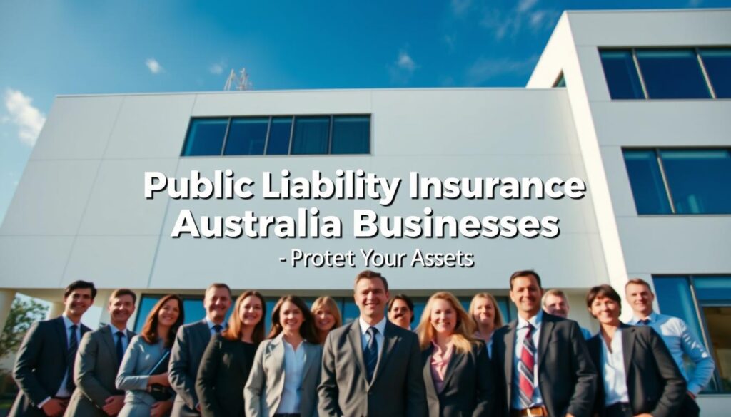 A modern office building with a clean, minimalist facade, set against a bright, blue sky. In the foreground, a group of professional-looking people, dressed in business attire, stand together, their expressions conveying a sense of security and confidence. In the middle ground, a large, prominently displayed sign reads "Public Liability Insurance Australia Businesses", with the tagline "Protect Your Assets" below it. The image is captured with a wide-angle lens, highlighting the scale and grandeur of the scene, while the lighting is soft and diffused, creating a warm and inviting atmosphere. A modern office building with a clean, minimalist facade, set against a bright, blue sky. In the foreground, a group of professional-looking people, dressed in business attire, stand together, their expressions conveying a sense of security and confidence. In the middle ground, a large, prominently displayed sign reads "Public Liability Insurance Australia Businesses", with the tagline "Protect Your Assets" below it. The image is captured with a wide-angle lens, highlighting the scale and grandeur of the scene, while the lighting is soft and diffused, creating a warm and inviting atmosphere.