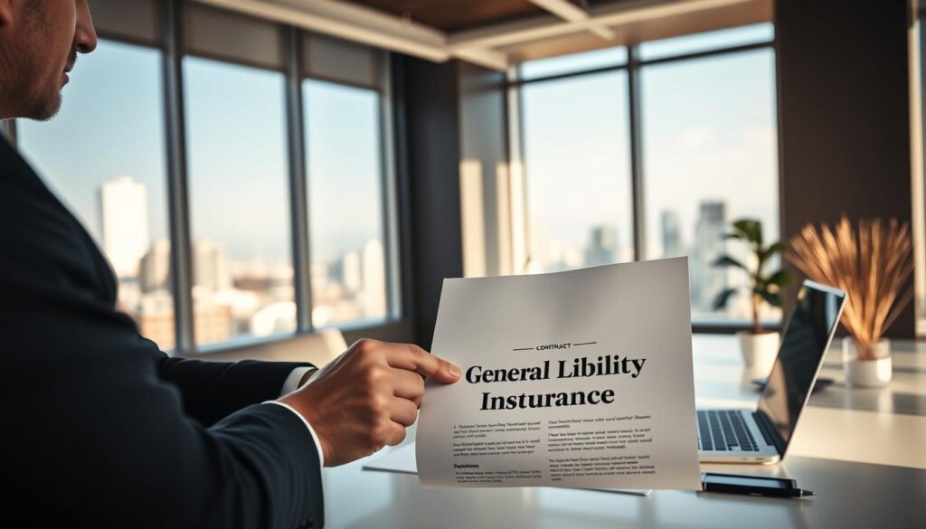 A modern office interior with a focus on a businessman sitting at a desk, reviewing insurance documents. The scene is bathed in warm, natural lighting from large windows, creating a sense of professionalism and reliability. In the foreground, the businessman's hands hold a contract labeled "General Liability Insurance", emphasizing the importance of this coverage for businesses. The middle ground features a clean, minimalist desk with a laptop and other office supplies, conveying a organized and efficient workspace. The background showcases a cityscape visible through the windows, suggesting the broader context of the business world and the need for comprehensive insurance protection. A modern office interior with a focus on a businessman sitting at a desk, reviewing insurance documents. The scene is bathed in warm, natural lighting from large windows, creating a sense of professionalism and reliability. In the foreground, the businessman's hands hold a contract labeled "General Liability Insurance", emphasizing the importance of this coverage for businesses. The middle ground features a clean, minimalist desk with a laptop and other office supplies, conveying a organized and efficient workspace. The background showcases a cityscape visible through the windows, suggesting the broader context of the business world and the need for comprehensive insurance protection.