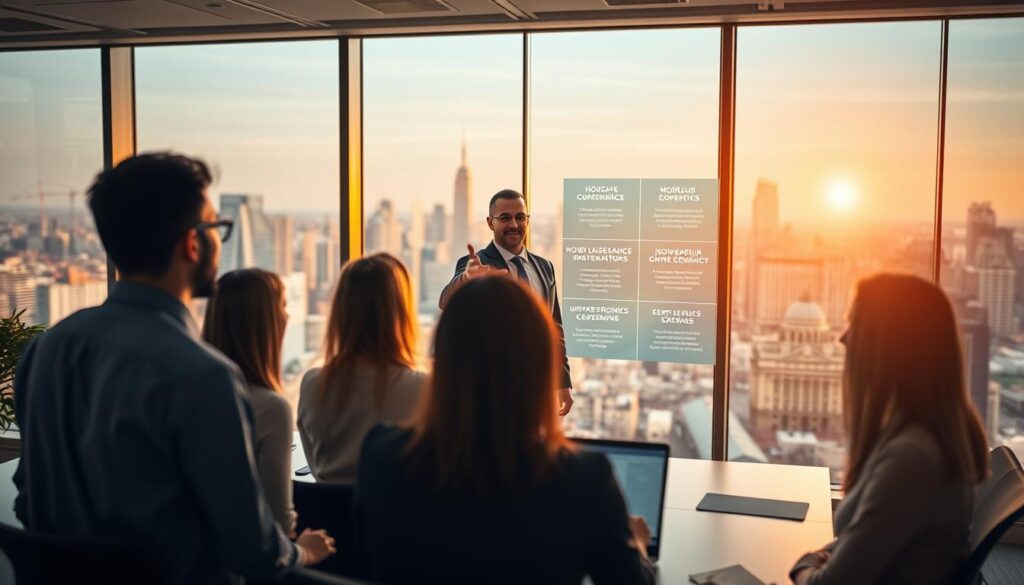 A modern office interior with a focus on workplace protection insurance coverage. In the foreground, a group of employees gathered around a desk, discussing their insurance options. Mid-ground, a professional advisor gesturing towards a digital display showcasing various coverage types and benefits. The background features an expansive window overlooking a bustling city skyline, bathed in warm, directional lighting. The overall scene conveys a sense of security, collaboration, and the importance of comprehensive workplace protection insurance in the Canadian business landscape. A modern office interior with a focus on workplace protection insurance coverage. In the foreground, a group of employees gathered around a desk, discussing their insurance options. Mid-ground, a professional advisor gesturing towards a digital display showcasing various coverage types and benefits. The background features an expansive window overlooking a bustling city skyline, bathed in warm, directional lighting. The overall scene conveys a sense of security, collaboration, and the importance of comprehensive workplace protection insurance in the Canadian business landscape.