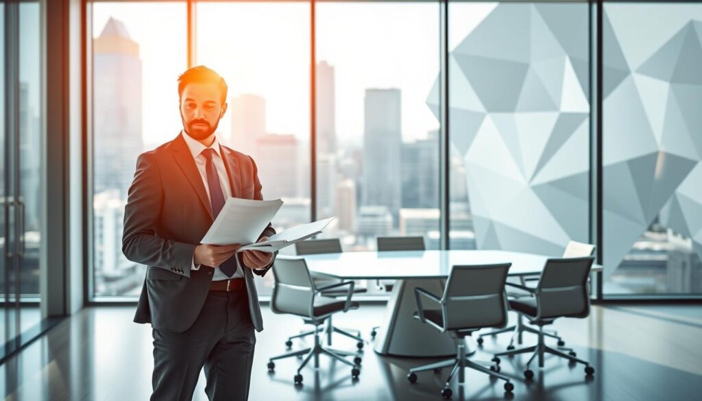 A modern office interior with a large window overlooking a bustling city skyline. In the foreground, a well-dressed business owner stands confidently, reviewing documents related to SME liability protection. The lighting is bright and natural, casting a warm glow over the scene. In the middle ground, a sleek, minimalist conference table surrounded by ergonomic chairs, symbolizing the importance of risk management for small and medium enterprises. The background features abstract geometric shapes and patterns, representing the complex legal and financial framework of SME liability safeguards in Canada. A modern office interior with a large window overlooking a bustling city skyline. In the foreground, a well-dressed business owner stands confidently, reviewing documents related to SME liability protection. The lighting is bright and natural, casting a warm glow over the scene. In the middle ground, a sleek, minimalist conference table surrounded by ergonomic chairs, symbolizing the importance of risk management for small and medium enterprises. The background features abstract geometric shapes and patterns, representing the complex legal and financial framework of SME liability safeguards in Canada.