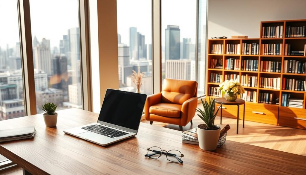A modern office interior, with a large window overlooking a bustling city skyline. In the foreground, a wooden desk features a laptop, a stack of documents, and a small potted plant. On the desk, a pair of glasses and a pen rest neatly. The middle ground showcases a comfortable leather armchair and a side table with a vase of fresh flowers. The background is filled with bookshelves, displaying a variety of business-related volumes. The lighting is warm and inviting, creating a professional yet cozy atmosphere. A sense of productivity and financial security pervades the scene, reflecting the comprehensive SME business insurance packages available in the United States. A modern office interior, with a large window overlooking a bustling city skyline. In the foreground, a wooden desk features a laptop, a stack of documents, and a small potted plant. On the desk, a pair of glasses and a pen rest neatly. The middle ground showcases a comfortable leather armchair and a side table with a vase of fresh flowers. The background is filled with bookshelves, displaying a variety of business-related volumes. The lighting is warm and inviting, creating a professional yet cozy atmosphere. A sense of productivity and financial security pervades the scene, reflecting the comprehensive SME business insurance packages available in the United States.