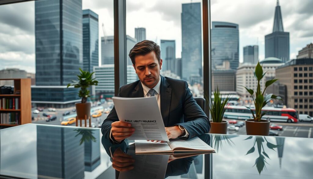 A modern office interior with a large window overlooking a bustling city street. In the foreground, a businessman in a crisp suit sits at a sleek glass desk, studying a document detailing public liability insurance coverage. The middle ground features bookshelves and potted plants, creating a sense of professionalism and authority. The background is filled with towering skyscrapers and a cloudy, atmospheric sky, conveying the importance of protecting one's business in the dynamic, fast-paced environment of the UK marketplace. The lighting is warm and focused, highlighting the thoughtful expression on the businessman's face as he considers the significance of liability insurance for his company. A modern office interior with a large window overlooking a bustling city street. In the foreground, a businessman in a crisp suit sits at a sleek glass desk, studying a document detailing public liability insurance coverage. The middle ground features bookshelves and potted plants, creating a sense of professionalism and authority. The background is filled with towering skyscrapers and a cloudy, atmospheric sky, conveying the importance of protecting one's business in the dynamic, fast-paced environment of the UK marketplace. The lighting is warm and focused, highlighting the thoughtful expression on the businessman's face as he considers the significance of liability insurance for his company.