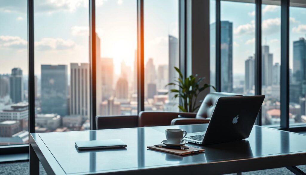 A modern office interior with a large window overlooking a cityscape. In the foreground, a sleek, metal-framed desk with a laptop, coffee mug, and stylish office supplies. The middle ground features a comfortable leather armchair and a potted plant, creating a cozy work environment. The background showcases the bustling city skyline, with skyscrapers and a vibrant, sun-drenched atmosphere. The lighting is a mix of natural daylight filtering through the window and soft, indirect lighting fixtures, creating a warm and inviting ambiance. The overall scene conveys a sense of professionalism, productivity, and security, reflecting the "coverage that works for your business" concept. A modern office interior with a large window overlooking a cityscape. In the foreground, a sleek, metal-framed desk with a laptop, coffee mug, and stylish office supplies. The middle ground features a comfortable leather armchair and a potted plant, creating a cozy work environment. The background showcases the bustling city skyline, with skyscrapers and a vibrant, sun-drenched atmosphere. The lighting is a mix of natural daylight filtering through the window and soft, indirect lighting fixtures, creating a warm and inviting ambiance. The overall scene conveys a sense of professionalism, productivity, and security, reflecting the "coverage that works for your business" concept.